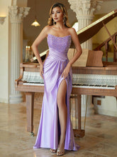 Taffeta Overlay Sequin Split Thigh Sheath Prom Dress